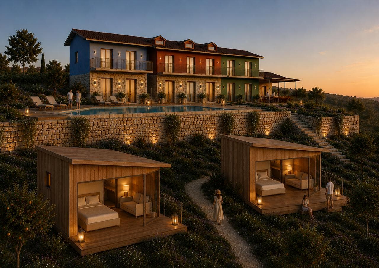 The lower terraces with planting, lit at dusk