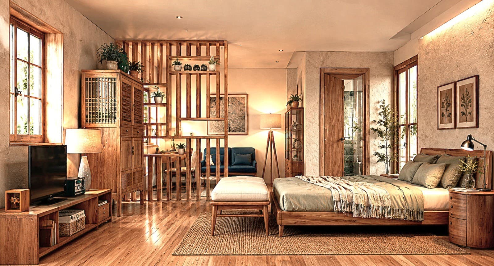 Inside an apartment: a double bed, wooden furniture, a sitting area behind a slatted wooden screen, and tall windows