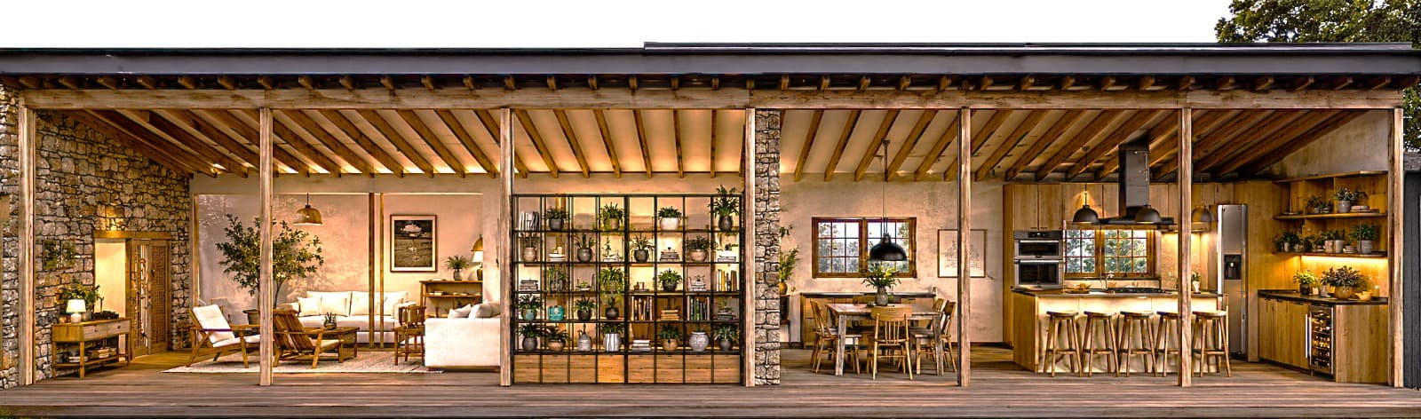 The shared common area: a lounge with sofas, a shelving wall, a long dining table and a large kitchen with an island, under a timber roof