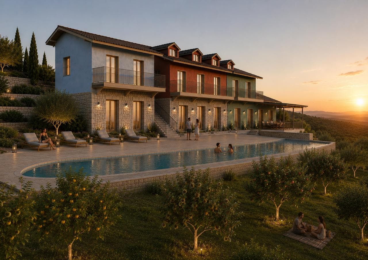 The three-coloured building above the pool at sunset, with the wooded valley beyond (architectural render)