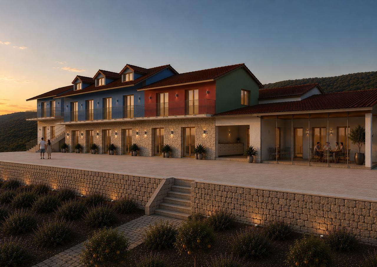 The lit terrace at dusk, with a pergola along the far end (architectural render)